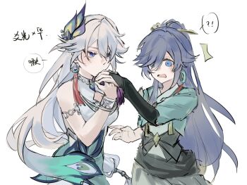 2girls armlet blue_eyes blue_hair bracelet bridal_gauntlets chinese_clothes commentary earrings english_commentary fu_hua fu_hua_(azure_empyrea) hair_ornament hair_over_one_eye hairpin high_ponytail highres honkai:_star_rail honkai_(series) honkai_impact_3rd jewelry kiss kissing_hand light_blush long_hair multiple_girls peacock_feathers_hair_ornament ponytail single_earring sinka78035570 tassel very_long_hair white_background white_hair yao_guang_(honkai:_star_rail) yuri