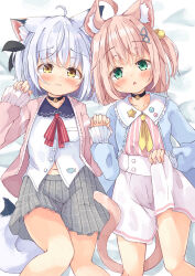 Rule 34 | 2girls, ahoge, animal ear fluff, animal ears, bed sheet, bell, black choker, black ribbon, blue jacket, blush, brown hair, cat ears, cat girl, cat tail, choker, closed mouth, collared shirt, commentary request, dress shirt, feet out of frame, green eyes, grey hair, grey skirt, hair bobbles, hair ornament, hair ribbon, highres, holding hands, interlocked fingers, jacket, jingle bell, long sleeves, looking at viewer, manabe mana, multiple girls, navel, neck bell, neckerchief, one side up, open clothes, open jacket, original, parted lips, pinching sleeves, pink jacket, pleated skirt, puffy long sleeves, puffy sleeves, ribbon, shirt, skirt, skirt hold, sleeves past wrists, striped clothes, striped shirt, tail, vertical-striped clothes, vertical-striped shirt, wavy mouth, white shirt, white skirt, yellow eyes, yellow neckerchief