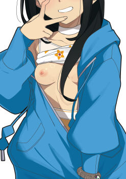 1girl black_hair breasts choker clothes_pull commentary_request eyes_out_of_frame grin head_out_of_frame highres hood hoodie hoodie_tug lida_(pokemon) morisobo nintendo nipples open_clothes open_hoodie pokemon pokemon_legends:_z-a shirt_pull small_breasts smile