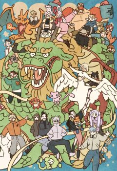 6+boys 6+girls ^_^ arm_up ayase_seiko bakugou_katsuki beard blonde_hair blue_background blue_eyes boku_no_hero_academia brook_(one_piece) brown_hair carrying carrying_person character_request charizard chilchuck_tims cigarette closed_eyes commentary_request copyright_request crossover dandadan dragon dragon_horns dungeon_meshi earrings eisen_(sousou_no_frieren) enjoji_jin extra_arms facial_hair fire franky_(one_piece) frieren gen_1_pokemon getou_suguru glasses gojou_satoru hair_over_one_eye hana_hana_no_mi hashibira_inosuke headphones heart heart-shaped_eyes heiter highres himmel_(sousou_no_frieren) holding holding_wand horns ieiri_shoko jacket jewelry jujutsu_kaisen kamado_tanjirou kimetsu_no_yaiba laios_touden legendary_pokemon long_beard marcille_donato mew_(pokemon) mole monster_strike multiple_boys multiple_crossover multiple_girls mythical_pokemon nico_robin nintendo one_piece one_piece_film:_red open_mouth oragon orange_jacket parappa parappa_the_rapper pointy_ears pokemon pokemon_(creature) ponytail red_hair sanji_(one_piece) senshi_(dungeon_meshi) short_hair single_sidelock sousou_no_frieren takeuchi_ryousuke turbo_granny_(dandadan) twintails uta_(one_piece) wand waving white_hair wings