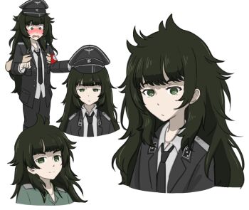 1girl black_cat03 black_jacket black_necktie blush closed_mouth collared_shirt green_eyes green_hair hair_between_eyes hat hiyajou_maho jacket long_hair long_sleeves looking_at_viewer messy_hair military_uniform multiple_views nazi necktie open_mouth science_adventure shirt simple_background steins;gate steins;gate_0 swastika waffen-ss white_background white_shirt