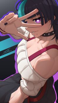 absurdres androgynous aqua_hair black_hair black_nails bra_strap bracelet breasts chin_piercing choker cleavage collar collarbone couch earrings eyelashes face_piercing highres hoshi_kirara jewelry jujutsu_kaisen lip_piercing male_focus multicolored_hair off-shoulder_sweater off_shoulder on_couch parted_lips piercing purple_eyes solo spiked_collar spikes star-shaped_pupils star_(symbol) streaked_hair sweater symbol-shaped_pupils tettora v v_over_eye