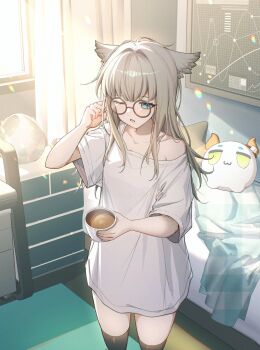 Rule 34 | 1girl, alternate costume, animal ears, arknights, arknights: endfield, bed, bedroom, blanket, blue eyes, bright pupils, chart, chest of drawers, coffee, commentary, cup, english commentary, ev-oo, feet out of frame, glasses, grey hair, hair intakes, hand up, highres, holding, holding cup, indoors, long shirt, morning, one eye closed, open mouth, oversized clothes, oversized shirt, perlica (arknights), round eyewear, shirt, short sleeves, single off shoulder, slice of life, solo, standing, stuffed toy, t-shirt, waking up, white shirt