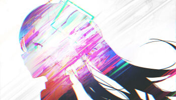 1girl aqua_eyes arms_at_sides bare_shoulders chromatic_aberration close-up collared_shirt colorful double_exposure expressionless eye_focus eyelashes eyes_visible_through_hair faceless faceless_female facing_away floating_hair from_side hair_between_eyes hair_ornament half-closed_eyes hatsune_miku highres kieed long_hair nape pale_color profile psychedelic shapes shirt sidelocks simple_background solo square star_(symbol) transparent tsurime twintails upper_body very_long_hair vocaloid white_background wide_shot