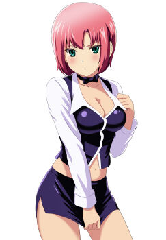 1girl absurdres black_choker blush breasts choker cleavage closed_mouth collarbone cowboy_shot green_eyes highres long_sleeves looking_at_viewer medium_breasts midriff miniskirt navel pencil_skirt purple_skirt purple_vest red_hair rio_rollins shirt short_hair simple_background skirt skirt_tug solo standing stomach straight_hair super_blackjack tetsuado vest white_background white_shirt