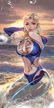 1girl ahoge blonde_hair blue_eyes breasts cleavage_cutout closed_mouth clothing_cutout earrings eyewear_on_head glasses hashtag-only_commentary highres jewelry large_breasts liang_xing long_hair looking_at_viewer marvel marvel_rivals navel ocean partially_invisible solo sue_storm sue_storm_(azure_shade) swimsuit water wet