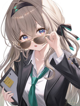 1girl alternate_costume aqua_necktie aviator_sunglasses black_bow black_hairband black_jacket blue_eyes bow breasts clipboard collarbone commentary english_commentary fingernails firefly_(honkai:_star_rail) grey_hair hair_between_eyes hair_bow hair_intakes hairband harukix highres holding holding_clipboard honkai:_star_rail honkai_(series) jacket long_hair looking_at_viewer looking_over_eyewear medium_breasts multicolored_eyes necktie open_mouth orange_eyes shirt signature simple_background solo sunglasses two-tone_eyes upper_body white_background white_shirt