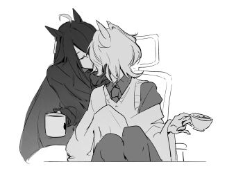 Rule 34 | 2girls, agnes tachyon (umamusume), ahoge, blunt ends, chair, closed eyes, coffeeseal, collared shirt, commentary request, cup, ear ornament, ear tag, earrings, face hold, grabbing another's chin, grabbing another's face, greyscale, hand on another's chin, hand on another's face, head grab, highres, holding, holding cup, jewelry, kiss, korean commentary, lab coat, long hair, manhattan cafe (umamusume), monochrome, mug, multicolored hair, multiple girls, necktie, on chair, shirt, short-sleeved sweater, short hair, short sleeves, single earring, single off shoulder, sweater, umamusume, very long hair, yuri