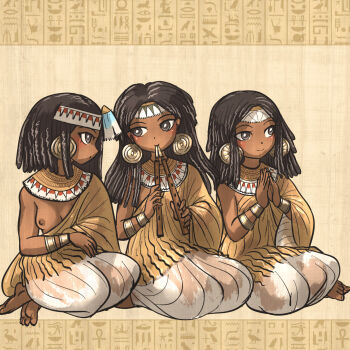 Rule 34 | 3girls, ancient egyptian, ancient egyptian clothes, aulos, barefoot, black hair, bracelet, breasts, commentary, dark-skinned female, dark skin, dress, earrings, english commentary, feather hair ornament, feathers, full body, hair ornament, headdress, hieroglyphics, highres, instrument, ironlily, jewelry, long hair, looking at another, md5 mismatch, medium hair, multiple girls, music, nipples, no bra, one breast out, original, palms together, playing instrument, see-through clothes, see-through dress, sitting, small breasts, white dress