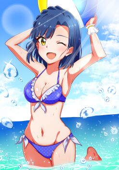 1girl arms_up ball beachball bikini blue_bikini blue_hair braid breasts cleavage crown_braid frilled_bikini frills highres horizon idolmaster idolmaster_million_live! looking_at_viewer medium_breasts mimiu_p nanao_yuriko ocean open_mouth polka_dot polka_dot_bikini short_hair side-tie_bikini_bottom smile solo swimsuit yellow_eyes