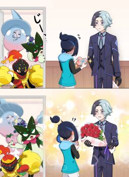 !? 1boy 1girl amethio_(pokemon) armarouge black_jacket black_pants black_shirt bouquet box collared_shirt commentary_request flower flying_sweatdrops gen_8_pokemon gift grey_shirt hatterene heart-shaped_box highres holding holding_gift hood hood_down hooded_vest hoodie indoors jacket kinoneko_(ekakenaisan) liko_(pokemon) meowscarada nintendo open_clothes open_jacket pants peeking_out pokemon pokemon_(anime) pokemon_horizons red_flower shirt short_hair shorts sparkle terapagos vest white_shorts