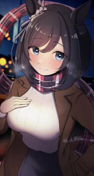 Rule 34 | 1girl, absurdres, alternate costume, animal ears, black hair, black skirt, blue eyes, blush, bob cut, breasts, brown coat, closed mouth, coat, ear scrunchie, eishin flash (umamusume), hair between eyes, hi ch mng, highres, horse ears, horse girl, large breasts, long sleeves, looking at viewer, open clothes, open coat, plaid clothes, plaid scarf, scarf, scrunchie, short hair, skirt, smile, solo, sweater, swept bangs, umamusume, white scrunchie, white sweater