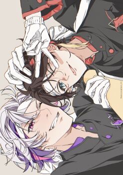 Rule 34 | 2boys, arm up, black jacket, blue eyes, brown hair, fuwa minato, gakuran, gloves, grey background, grey hair, hand on another's head, hashtag-only commentary, headband, highres, hoshi 129, jacket, long sleeves, male focus, multicolored hair, multiple boys, nijisanji, official alternate costume, one eye closed, parted bangs, purple eyes, saegusa akina, school uniform, sideways, simple background, smile, streaked hair, tongue, tongue out, upper body, v, virtual youtuber, white gloves, white headband