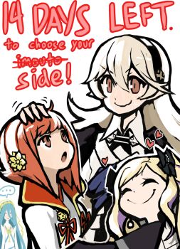 Rule 34 | ..., 4girls, :o, azura (fire emblem), black hairband, blonde hair, closed eyes, closed mouth, countdown, elise (fire emblem), ex rank luck, female corrin (fire emblem), fire emblem, fire emblem fates, hairband, happy, hug, looking at another, looking up, multiple girls, nervous smile, nervous sweating, nintendo, open mouth, pink hair, pointy ears, sakura (fire emblem), second-party source, smile, sweat