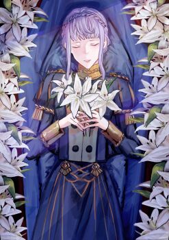 Rule 34 | 1girl, black jacket, black skirt, braid, breasts, closed eyes, crown braid, fire emblem, fire emblem: three houses, flower, garreg mach monastery uniform, gold trim, hashtag-only commentary, highres, holding, holding flower, jacket, marianne von edmund, medium breasts, nintendo, parted lips, ponzuponta39, purple hair, sidelocks, skirt, solo, white flower