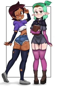 2girls absurdres amity_blight ass black_capelet black_dress black_panties black_thighhighs blue_shorts blush book boots breasts bridal_gauntlets brown_boots brown_eyes brown_hair capelet choker dark_skin denim denim_shorts disney dress ear_piercing fingerless_gloves from_behind garter_straps gloves green_eyes grey_shoes grin highleg highleg_panties highres holding holding_book hood hoodie loli looking_at_viewer looking_back luz_noceda midriff multicolored_hair multiple_girls one_eye_closed panties piercing pointy_ears ponytail purple_gloves purple_hoodie purple_thighhighs raised_eyebrow rukisan(pixiv) salute shoes short_hair short_shorts short_sleeves shorts small_breasts smile standing teeth the_owl_house thick_thighs thighhighs thighs torn_clothes torn_thighhighs two-tone_hair underwear white_background wink yellow_eyes