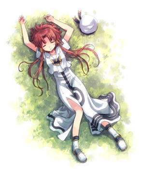 1girl aria_(manga) aria_company_uniform blue_bow blue_bowtie blush bow bowtie closed_eyes commentary_request dress from_above full_body grass hair_tubes hat highres long_dress long_hair lying mizunashi_akari on_back on_grass on_ground outdoors pink_hair sailor_collar shirt shoes short_hair_with_long_locks short_sleeves side_slit sidelocks solo unworn_hat unworn_headwear white_dress white_shirt yakka