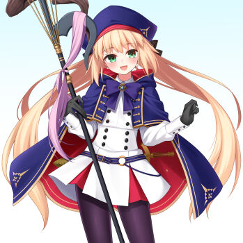 Rule 34 | 1girl, artoria caster (fate), artoria caster (second ascension) (fate), artoria pendragon (fate), beret, blonde hair, blue hat, blush, breasts, dress, fate/grand order, fate (series), gloves, green eyes, hat, highres, hoshino reiji, long hair, long sleeves, looking at viewer, open mouth, small breasts, smile, solo, staff, staff of selection (fate), twintails
