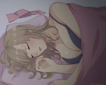 Rule 34 | 1girl, alternate hairstyle, armpit crease, artist name, bed sheet, black bra, blanket, blush, bra, breasts, cleavage, closed eyes, grey background, hair down, haruka (senran kagura), lace, lace-trimmed bra, lace trim, large breasts, lemonrou, lying, on side, open mouth, pillow, pink pillow, pink ribbon, ribbon, senran kagura, senran kagura shoujo-tachi no shin'ei, shiny skin, short hair, simple background, sleeping, solo, swept bangs, teeth, tongue, twitter username, under covers, underwear, upper teeth only