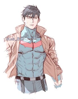 1boy bat_signal batman_(series) batman_symbol black_bodysuit black_gloves black_hair black_shirt blue_eyes bodysuit brown_jacket closed_mouth dc_comics gloves grey_bodysuit hair_between_eyes highres jacket jason_todd long_sleeves mag_bya male_focus multicolored_bodysuit muscular muscular_male open_clothes pants red_hood_(dc) red_hood_and_the_outlaws shirt short_hair superhero_costume taut_bodysuit two-tone_bodysuit