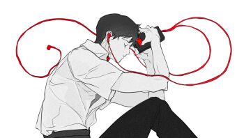 Rule 34 | 1boy, arm on knee, closed eyes, closed mouth, collared shirt, earphones, from side, greyscale, highres, ikari shinji, knees up, male focus, monochrome, neon genesis evangelion, pants, school uniform, shirt, shirt tucked in, short hair, simple background, single earphone removed, sitting, solo, spot color, ssssenferda, tokyo-3 middle school uniform, walkman, white background