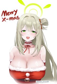 1girl :d absurdres alternate_costume bare_shoulders belt black_belt blue_archive blush bow breasts choker christmas cleavage collarbone commentary_request detached_sleeves dress fur-trimmed_choker fur-trimmed_dress fur_trim green_eyes green_halo grey_hair hair_between_eyes hair_bow hair_intakes halo highres korean_commentary large_breasts long_hair looking_at_viewer mako_draw01 merry_christmas neck_ribbon nonomi_(blue_archive) one_side_up open_mouth pom_pom_(clothes) red_choker red_dress red_ribbon ribbon santa_costume sidelocks simple_background smile solo strapless strapless_dress twitter_username upper_body very_long_hair white_background