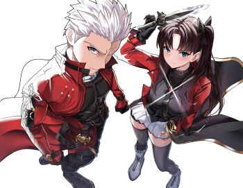 1boy 1girl absurdres archer_(fate) archer_(honkai:_star_rail)_(fate) black_necktie black_shirt blue_eyes bow brown_hair commentary earrings english_commentary fate/stay_night fate_(series) gem hair_bow highres honkai:_star_rail honkai_(series) jacket jewelry long_hair multiple_hair_bows necklace necktie official_alternate_costume one_eye_closed red_jacket rin's_pendant_(fate) shirt shokobr tohsaka_rin tohsaka_rin_(honkai:_star_rail) twintails white_background white_hair zelretch_sword