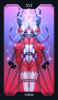2futa arched_back bar_censor bdsm bondage bound broken_horns censored chained_legs closed_eyes colored_skin cowboy_shot crown demon_girl elbow_gloves electricity futanari gloves glowing_nipples highres horns large_penis long_horns multiple_futa nipples original penis pointy_ears red_skin restrained short_hair sounding symmetry tailbox tarot the_tower_(tarot) urethral_insertion white_hair