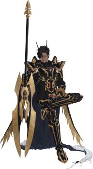 1boy alphamon armor breastplate cape cuirass dark-skinned_male dark_skin digimon eve7d6 full_armor gauntlets gloves greaves highres holding holding_weapon humanization knight looking_at_viewer pauldrons plate_armor short_hair shoulder_armor simple_background weapon
