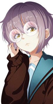 Rule 34 | 1girl, blue sailor collar, brown cardigan, cardigan, commentary request, glasses, highres, kita high school uniform, long sleeves, nagato yuki, purple hair, round eyewear, sailor collar, school uniform, serafuku, shinjin kootoko, short hair, simple background, solo, suzumiya haruhi no yuuutsu, white background, winter uniform, yellow eyes
