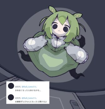 1girl :&lt; alternate_costume arms_at_sides black_eyes closed_mouth commentary_request door double_strap_slip dress from_above green_hair highres long_sleeves looking_at_viewer looking_up nikamoka no_sclera ojou-sama_zundamon pinafore_dress screenshot_inset shirt short_hair sleeveless sleeveless_dress sleeves_past_wrists solo spotlight tentacle_legs translation_request tweet voicevox white_shirt zundamon