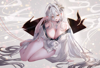 1girl absurdres age_fx ahoge arm_support azur_lane bare_shoulders between_breasts breasts cleavage collarbone commentary_request earrings feet from_side grey_background hair_between_eyes hair_intakes hair_ornament hair_spread_out hakuhou_(azur_lane) hand_up head_tilt highres holding huge_ahoge japanese_clothes jewelry kimono large_breasts legs lens_flare light_particles long_hair long_hair_between_eyes long_sleeves looking_at_viewer mask mask_on_head obi off_shoulder on_ground open_mouth partial_commentary pelvic_curtain print_kimono sash sitting solo string tassel tassel_earrings thighs toes very_long_hair white_kimono wide_sleeves wind yellow_eyes yokozuwari