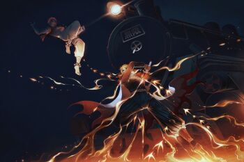 2boys akaza_(kimetsu_no_yaiba) colored_skin demon_boy demon_slayer_uniform fighting fire glowing glowing_eyes huli_xiaobai jumping kimetsu_no_yaiba long_hair looking_at_another multiple_boys night rengoku_kyoujurou sword train weapon white_skin