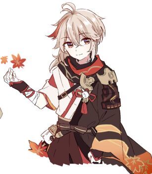 168_azusa 1boy antenna_hair armor asymmetrical_sleeves bandaged_arm bandaged_hand bandages belt belt_buckle black_belt black_gloves black_scarf bow brown_bow brown_sash brown_shorts buckle closed_mouth commentary_request cropped_legs crossed_bangs fingerless_gloves genshin_impact gloves hair_between_eyes hakama hakama_shorts hand_up haori highres japanese_armor japanese_clothes kaedehara_kazuha kimono leaf leaf_print long_sleeves looking_at_viewer low_ponytail male_focus maple_leaf maple_leaf_print medium_hair mismatched_sleeves multicolored_hair off_shoulder pom_pom_(clothes) ponytail red_eyes red_hair red_scarf sash scarf short_sleeves shorts shoulder_armor sidelocks simple_background single_sode smile sode solo split_mouth streaked_hair tassel white_background white_hair white_kimono wide_sleeves