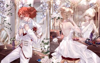 1boy 1girl absurdres abyss_of_alyss alternate_costume alternate_hairstyle backless_dress backless_outfit belt black_belt blonde_hair bottle bride closed_mouth commentary_request dress earrings flower genshin_impact groom hair_brush hair_bun hands_up highres hydro_symbol_(genshin_impact) indoors jacket jewelry looking_at_mirror lumine_(genshin_impact) makeup_brush makeup_palette midriff_peek mirror mixed-language_commentary on_stool pants parted_lips partial_commentary perfume_bottle putting_on_earrings putting_on_jewelry red_vest reflection see-through_clothes see-through_sleeves short_hair_with_long_locks sitting split_screen table tartaglia_(genshin_impact) unworn_veil vanity_table vase vest vision_(genshin_impact) wedding_dress white_dress white_flower white_jacket white_pants yellow_eyes