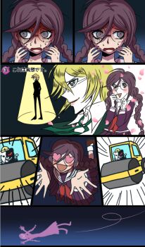 1boy 1girl ahoge alternate_universe bad_end braid danganronpa:_trigger_happy_havoc danganronpa_(series) death delusional execution fukawa_toko glasses koutei_penko long_hair long_sleeves mole mole_under_mouth monokuma neckerchief punishment red_neckerchief round_eyewear sailor_collar school_uniform serafuku shirt skirt smile steamroller togami_byakuya twin_braids