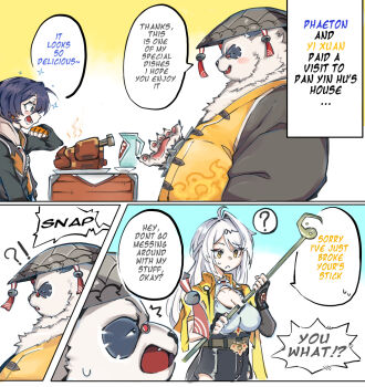 1boy 2girls ? ^^^ bell belle_(zenless_zone_zero) black_fur black_jacket blue_hair blush bossjob3 bracelet broken_staff chinese_clothes claws commentary english_commentary fang fat fat_man food furry furry_male holding holding_staff hood hood_down hooded_jacket jacket jewelry jingle_bell kung_fu_panda looking_at_another looking_at_food minecraft multicolored_fur multiple_girls open_mouth pan_yinhu panda_boy pawpads shirt sparkle speech_bubble spiked_bracelet spikes spoken_question_mark staff sweatdrop white_fur white_hair wide-eyed wok yellow_shirt yixuan_(zenless_zone_zero) zenless_zone_zero