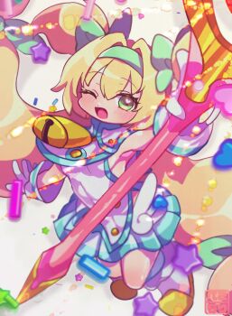 1girl aqua_skirt arm_up armpits becomori bell blazblue blonde_hair blue_trim blush boots bow breasts commentary_request cowbell from_above full_body gloves green_bow green_eyes green_hairband hair_bow hairband heart heart_in_eye highres holding holding_staff long_hair low-tied_long_hair low_wings mage_staff magical_girl miniskirt multiple_hair_bows neck_bell one_eye_closed open_mouth platinum_the_trinity quad_tails shirt sideboob skirt sleeveless sleeveless_shirt small_breasts smile solo sprinkles staff star_(symbol) symbol_in_eye twitter_username two_side_up very_long_hair watermark white_background white_boots white_gloves white_shirt wings