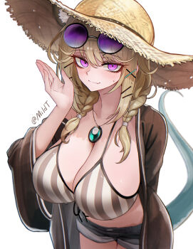 1girl arknights bikini black-framed_eyewear blonde_hair blush braid breasts brown_shirt cleavage closed_mouth cowboy_shot eyewear_on_head film_grain grey_bikini hair_between_eyes hair_ornament hairclip hat highres jewelry large_breasts light_smile looking_at_viewer medium_hair mildt official_alternate_costume open_clothes open_shirt pendant purple-tinted_eyewear purple_eyes round_eyewear shirt simple_background solo standing straw_hat sun_hat swimsuit tail tinted_eyewear twitter_username utage_(arknights) utage_(summer_flowers)_(arknights) waving white_background white_bikini x_hair_ornament yellow_hat