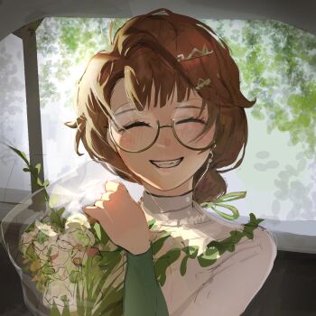 1girl ^_^ blurry blurry_background bouquet brown_hair closed_eyes facing_viewer flower glasses grin hand_up highres kakania_(reverse:1999) long_hair low_ponytail ponytail portrait reverse:1999 round_eyewear sakelilac semi-rimless_eyewear shirt smile solo teeth under-rim_eyewear white_shirt window