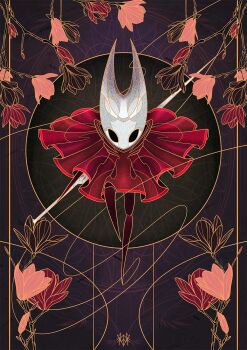 1girl arthropod_girl black_eyes black_skin cloak colored_skin floating_cape flower full_body highres holding holding_weapon hollow_eyes hollow_knight hollow_knight:_silksong horned_mask hornet_(hollow_knight) horns mask needle_(hollow_knight) red_cloak sarah_mason solo thread weapon white_mask