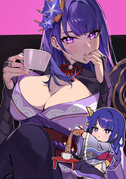1girl absurdres armor blunt_bangs blush braid breasts bridal_gauntlets chibi cleavage close-up closed_mouth commentary_request crossed_legs cup flower flower_ornament genshin_impact hair_ornament head_tilt highres holding holding_cup huge_breasts japanese_clothes kimono large_breasts long_braid long_sleeves looking_at_viewer looking_to_the_side mitsudomoe_(shape) mole mole_under_eye multicolored_hair neck_ribbon no_mole parted_lips pink_lips pouring purple_eyes purple_flower purple_hair purple_kimono raiden_shogun red_ribbon red_sash ribbon ryofu_(pixiv12347507) sash seiza shoulder_armor shy single_braid sitting solo streaked_hair table teacup teeth thighs tomoe_(symbol) upper_body wide_sleeves