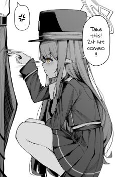 Rule 34 | 1boy, 1girl, absurdres, anger vein, blue archive, clover dot (clov erd), english text, gloves, halo, hat, highres, hikari (blue archive), jacket, long hair, long sleeves, pants, peaked cap, pleated skirt, pointy ears, poking, skirt, solo focus, speech bubble, spoken anger vein, squatting, standing, white background, yellow eyes