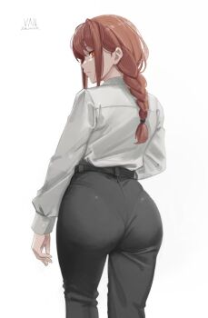 1girl artist_name ass black_pants braid braided_ponytail chainsaw_man formal_clothes from_behind hashtag-only_commentary high-waist_pants long_hair looking_back makima_(chainsaw_man) pants red_hair ringed_eyes sidelocks simple_background solo twitter_username vaniste white_background yellow_eyes