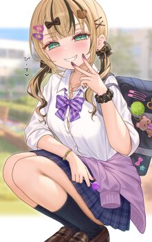 1girl absurdres bag black_bag black_bow black_hair black_nails black_scrunchie black_socks blonde_hair blue_skirt blurry blurry_background blush bow bowtie breasts brown_shoes building candy cardigan cardigan_around_waist clothes_around_waist commentary cross cross_necklace day earclip earrings ebihurai fang fingernails food gradient_nails green_eyes grin hair_bow hair_ornament hairclip heart heart_earrings highres holding holding_candy holding_food holding_lollipop jewelry kurumi_noah loafers lollipop long_hair looking_at_viewer multicolored_hair nail_art nail_polish necklace pink_bow pink_bowtie pink_cardigan pink_nails plaid_clothes plaid_skirt pleated_skirt purple_bow purple_bowtie ribbed_socks scrunchie shirt shoes shoulder_bag skirt smile socks solo squatting star_ornament streaked_hair striped_bow striped_bowtie striped_clothes stud_earrings stuffed_animal stuffed_toy teddy_bear teddy_bear_hair_ornament teeth thighs translation_request twintails two-tone_hair v virtual_youtuber vspo! white_shirt wrist_scrunchie wristband