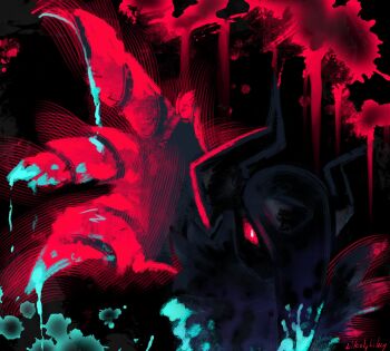 absol animal_focus asymmetrical_horns black_fur blood blood_splatter claws commentary english_commentary gen_3_pokemon hair_over_one_eye highres horns likey looking_at_viewer mega_absol_z mega_pokemon nintendo no_humans one_eye_covered pokemon pokemon_(creature) pokemon_focus pokemon_legends:_z-a red_eyes uneven_horns