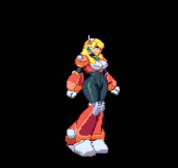! 1girl alia_(mega_man) android animated black_background black_bodysuit blonde_hair blue_eyes bodysuit breasts capcom closed_mouth commentary english_commentary grin hair_between_eyes hair_over_shoulder headset highres kdekercy long_hair medium_breasts medium_hair mega_man_(series) mega_man_x8 mega_man_x_(series) multiple_views open_mouth pixel_art simple_background smile spoken_exclamation_mark standing thick_thighs thighs third-party_edit video waving winking_(animated)
