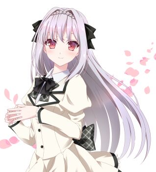 1girl back_bow black_bow black_bowtie black_ribbon bluejaydot blush bow bowtie braid closed_mouth collared_shirt crown_braid falling_petals floating_hair frilled_skirt frills grey_bow hair_intakes hair_ribbon highres juliet_sleeves long_hair long_sleeves looking_at_viewer miniskirt own_hands_together petals pink_petals plaid_bow pleated_skirt puffy_sleeves red_eyes ribbon sakurakouji_luna school_uniform shirt sidelocks simple_background skirt smile solo steepled_fingers straight_hair tsuki_ni_yorisou_otome_no_sahou turning_head upper_body white_background white_hair white_shirt winter_uniform