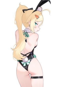 1girl absurdres ahoge animal_ear_hairband animal_ears ass backless_leotard black_leotard black_survival blonde_hair breasts carrot_hair_ornament commentary_request cowboy_shot detached_collar earrings eternal_return:_black_survival fake_animal_ears fake_tail food-themed_hair_ornament from_behind green_eyes hair_ornament hairband highleg highleg_leotard highres jewelry korean_commentary leotard long_hair looking_at_viewer looking_back nicky_blake nicky_blake_(bad_beat) official_alternate_costume parted_lips playboy_bunny ponytail profile rabbit_ear_hairband rabbit_ears rabbit_tail rabbitballoon sideways_mouth simple_background skindentation small_sweatdrop solo standing strapless strapless_leotard tail thigh_strap very_long_hair white_background