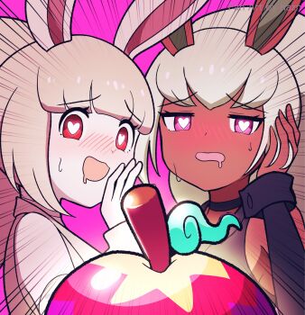 Rule 34 | 2girls, animal ears, apple, black choker, black shirt, black sleeves, blush, bunny mint, choker, commentary, dark-skinned female, dark skin, detached sleeves, drooling, food, fruit, green hair, haz hazn, heart, heart-shaped pupils, highres, long hair, looking at viewer, mouth drool, multiple girls, open mouth, pink background, pink eyes, rabbit ears, rabbit girl, red eyes, shirt, simple background, sleeveless, sleeveless shirt, snowrabby, symbol-shaped pupils, untranslatable commentary, white hair, white shirt, white sleeves, youkai (youkai watch), youkai watch
